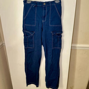 Women's Orange Kiss Essentials Blue Cargo Pants S with White Stitching